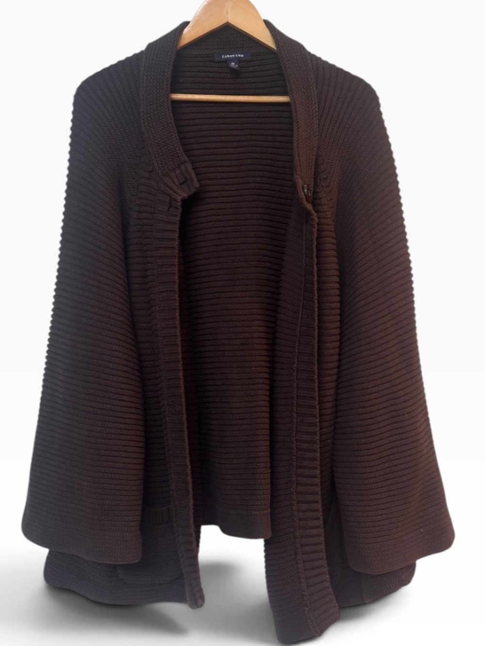 Lands End Womens 3X Brown Ribbed Knit Button Front Cape Cardigan Sweater